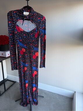 Sonia Rykiel Navy Long-Sleeve Midi Dress with Red & Blue Print